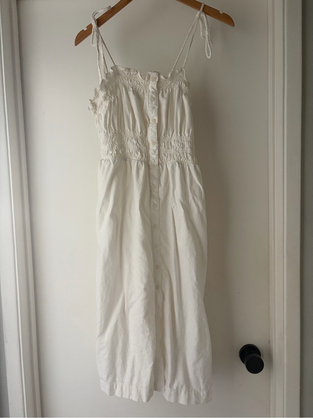 White Midi Sundress with Button Front Milkmaid Dress Pockets Universal Thread